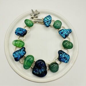 Dichroic glass cabochon link bracelets with safety fastener , Blue Green 7.5”